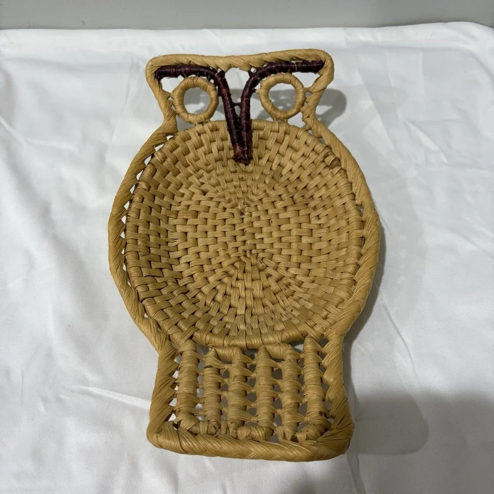 Vintage Mid Century Owl Wicker Basket Wall Hanging Boho Decor Rattan 11